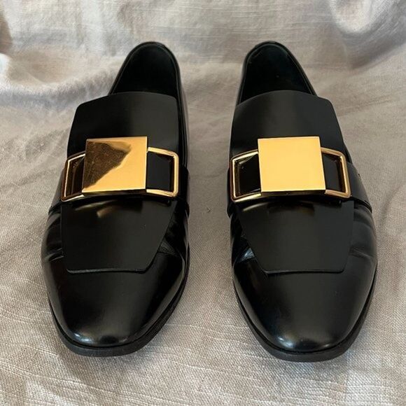 Tod's black patent leather shiny‎ gold metal buckle strap wedge Loafers size 39 - Picture 2 of 12